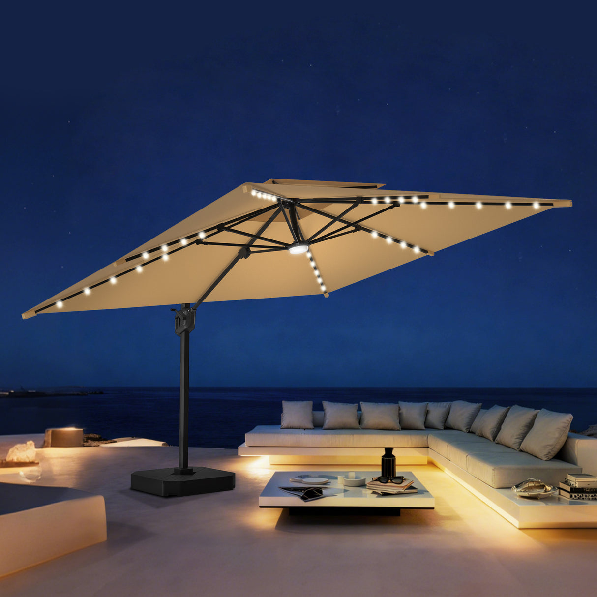 Patioslife Aegis Pro Cantilever Umbrella with LED Lights, Reinforced & Powder-Coated Aluminium Ribs and Pole — Perfect for Garden & Patio