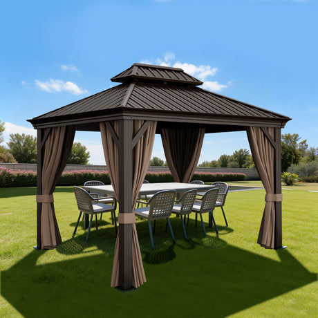 Patioslife Haven Hardtop Gazebo – 4.7" x 4.7" Aluminum Posts, Galvanized Steel Roof with Built-in Drainage Gutters, Double Vented Roof, Curtains & Netting for Backyard or Garden