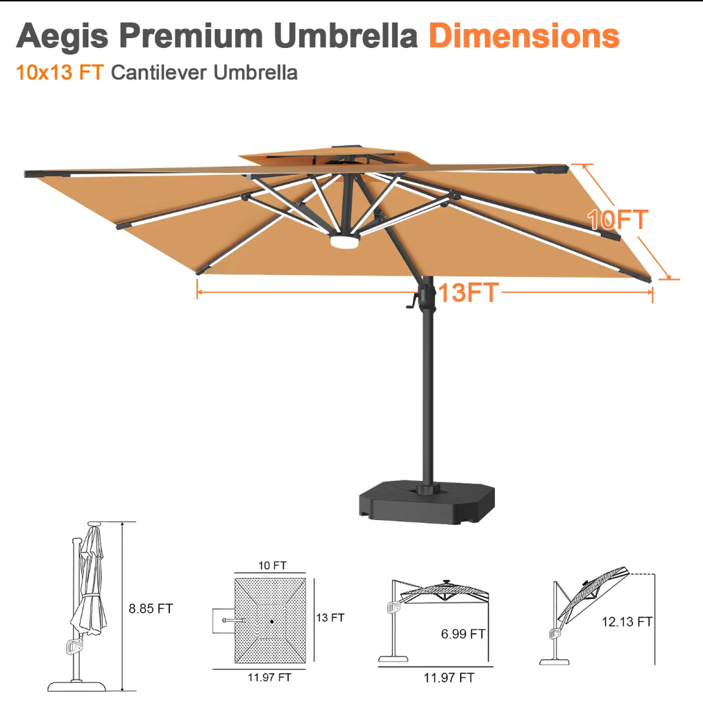 Patioslife Aegis Premium Cantilever Umbrella with Full-Rib LED Strip Lighting, Fibreglass Ribs and Powder-Coated Aluminium Pole for Luxury Garden & Patio Shade