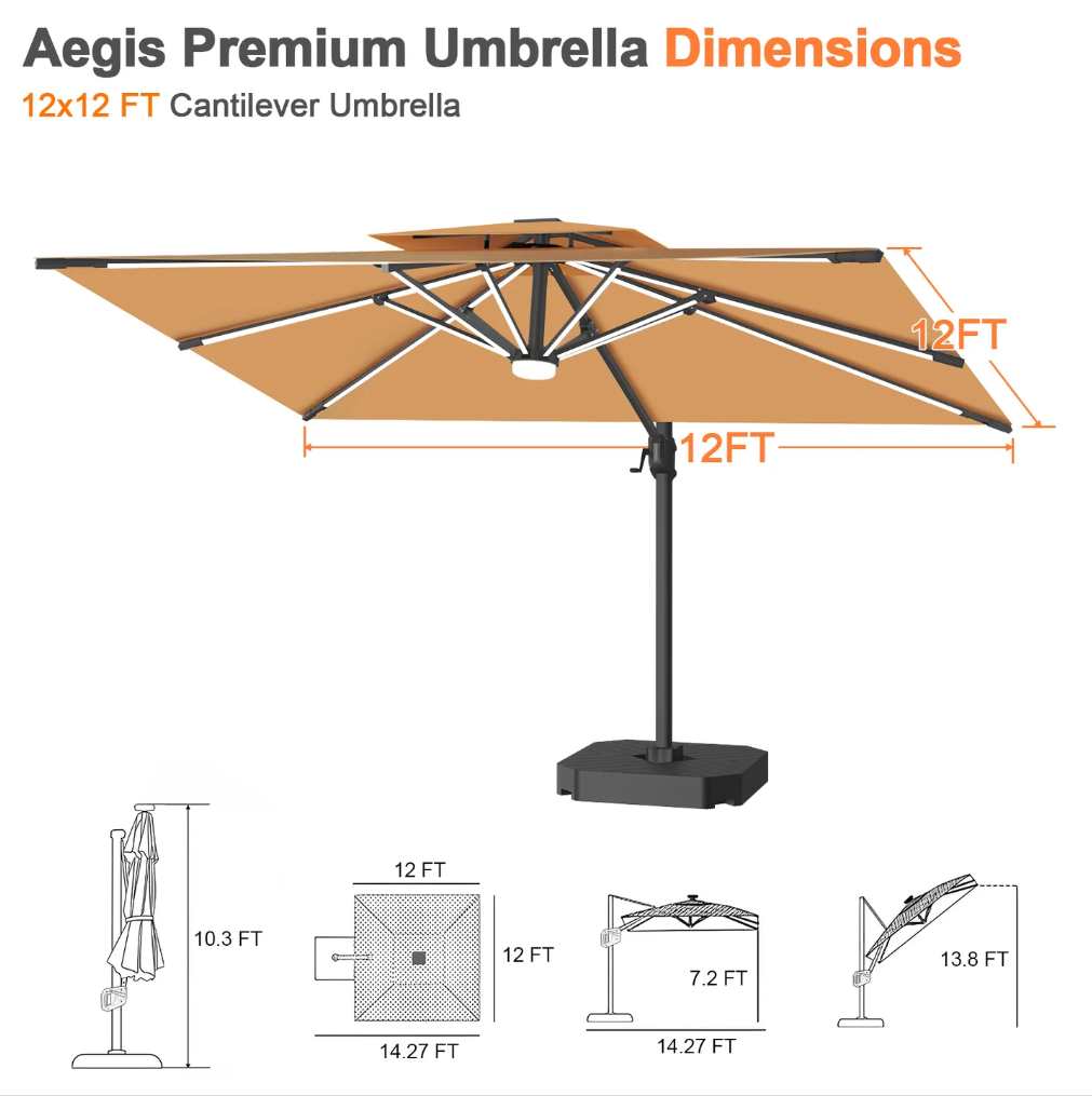 Patioslife Aegis Premium Cantilever Umbrella with Full-Rib LED Strip Lighting, Fibreglass Ribs and Powder-Coated Aluminium Pole for Luxury Garden & Patio Shade