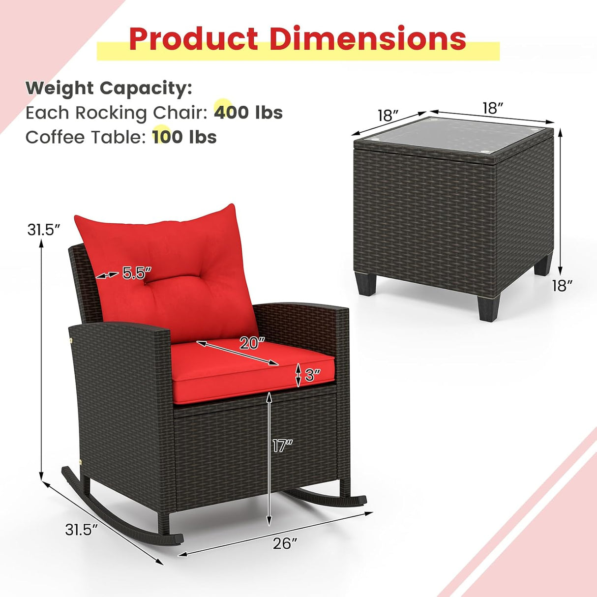 3-Piece Outdoor Wicker Rocking Chair Set – Patio Furniture with Soft Cushions & Glass Coffee Table – Rattan Bistro Set for Porch, Balcony, Garden, or Poolside