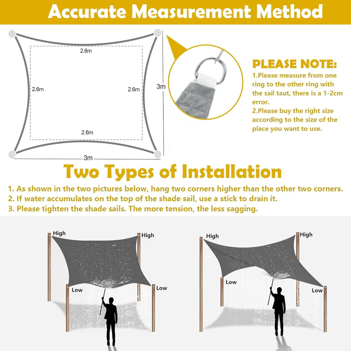 Patioslife Waterproof Sun Shade Sail – Rectangle Outdoor Awning Canopy with 95% UV Block & Free Rope for Garden, Patio, Yard & Party