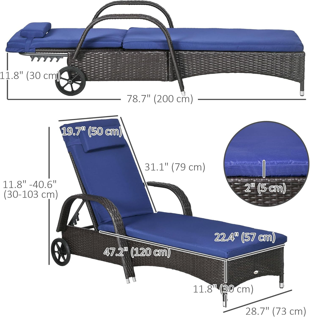 Patioslife Wicker Chaise Lounge Chair – Outdoor PE Rattan Sun Lounger with Cushion, Adjustable 5-Level Backrest, Headrest & Wheels, Deep Coffee & Cream White