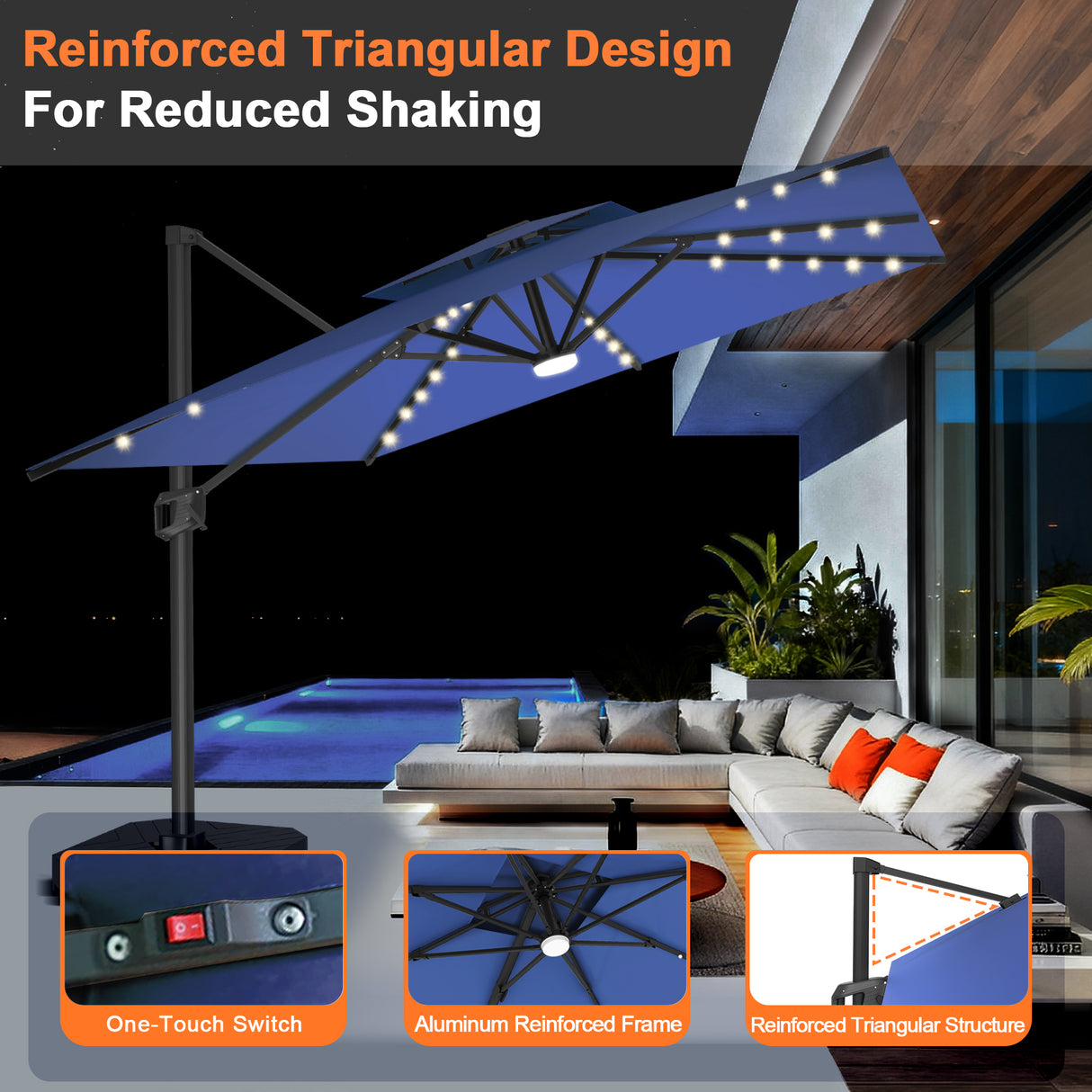Patioslife Aegis Pro Cantilever Umbrella with LED Lights, Reinforced & Powder-Coated Aluminium Ribs and Pole — Perfect for Garden & Patio
