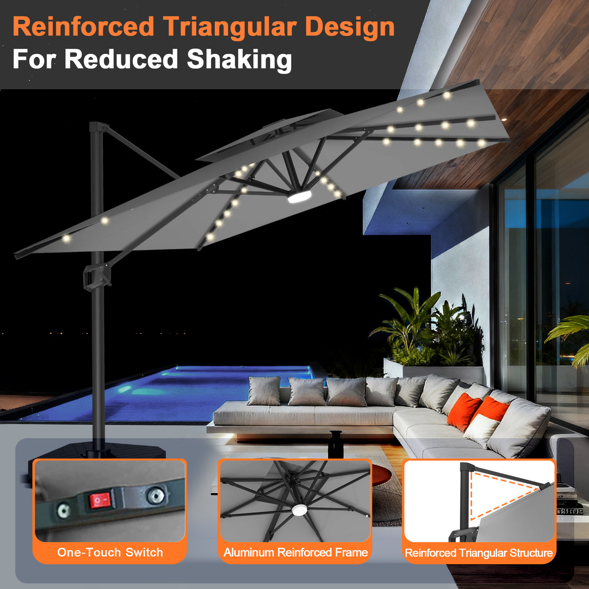 Patioslife Aegis Pro Cantilever Umbrella with LED Lights, Reinforced & Powder-Coated Aluminium Ribs and Pole — Perfect for Garden & Patio