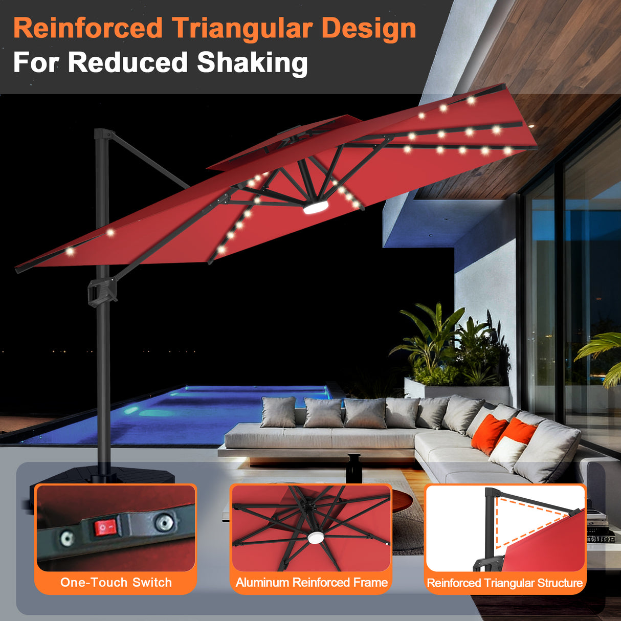 Patioslife Aegis Pro Cantilever Umbrella with LED Lights, Reinforced & Powder-Coated Aluminium Ribs and Pole — Perfect for Garden & Patio