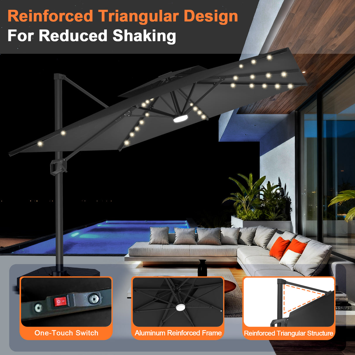 Patioslife Aegis Pro Cantilever Umbrella with LED Lights, Reinforced & Powder-Coated Aluminium Ribs and Pole — Perfect for Garden & Patio