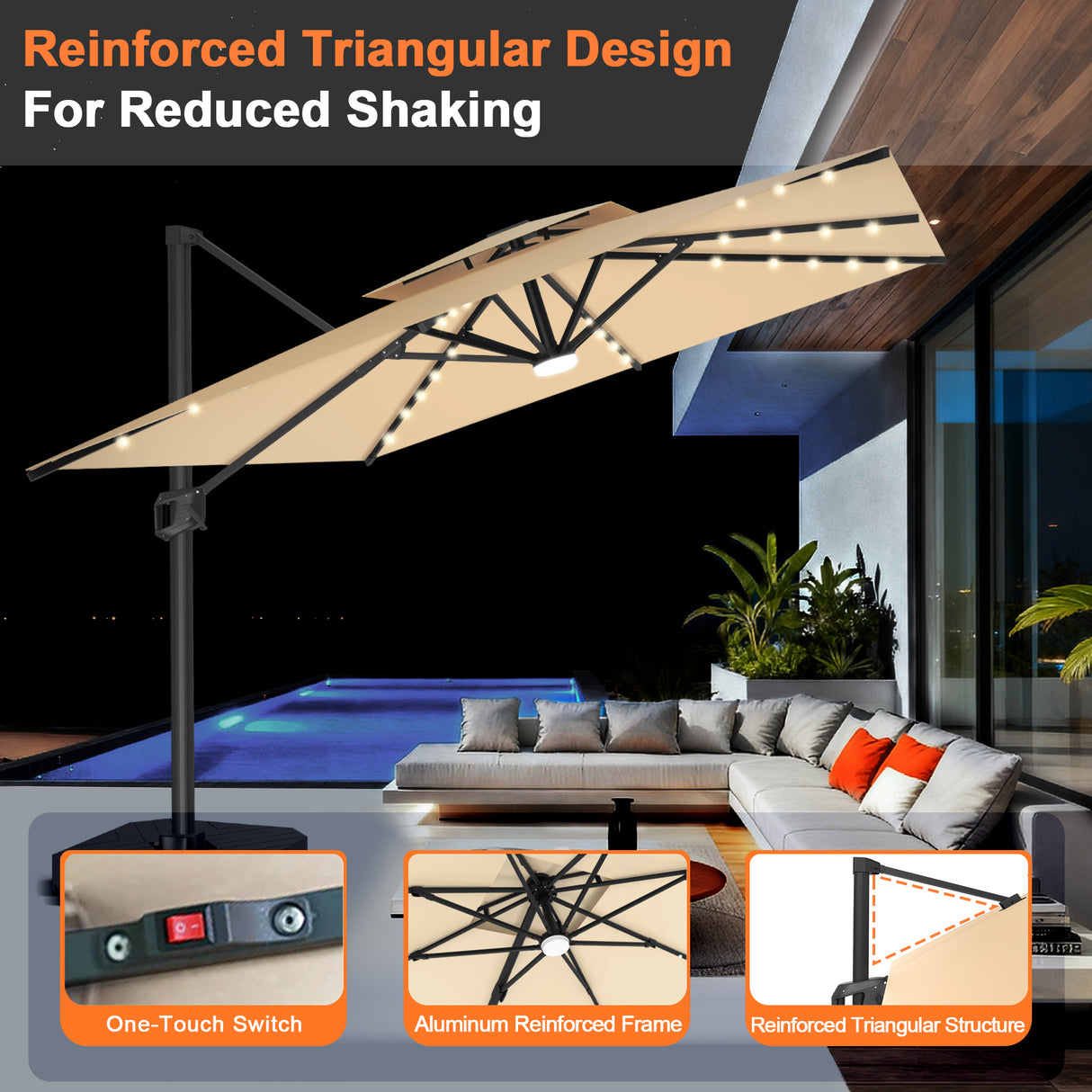 Patioslife Aegis Pro Cantilever Umbrella with LED Lights, Reinforced & Powder-Coated Aluminium Ribs and Pole — Perfect for Garden & Patio