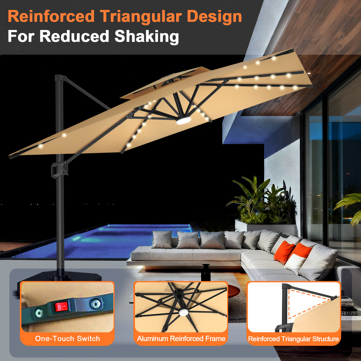 Patioslife Aegis Pro Cantilever Umbrella with LED Lights, Reinforced & Powder-Coated Aluminium Ribs and Pole — Perfect for Garden & Patio