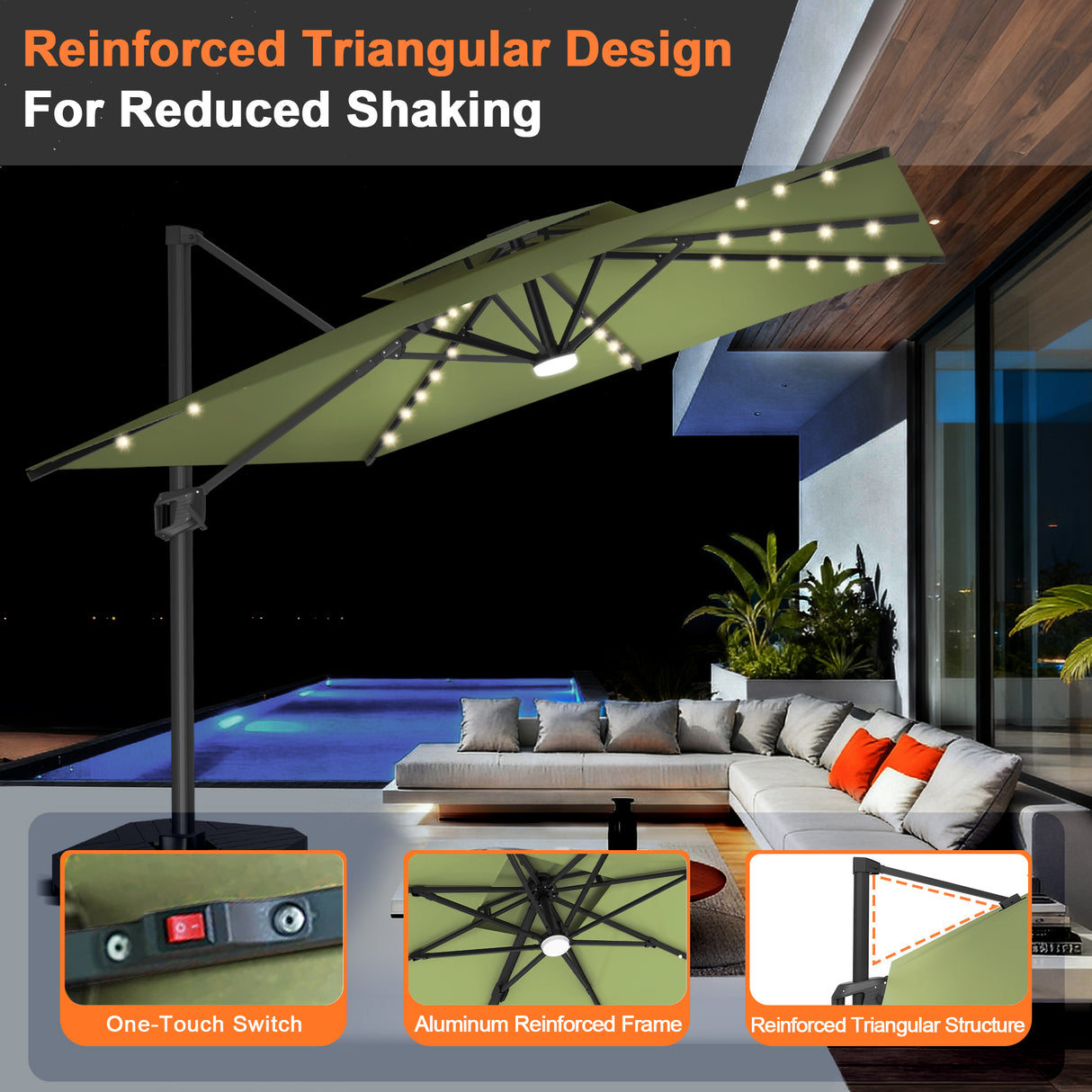 Patioslife Aegis Pro Cantilever Umbrella with LED Lights, Reinforced & Powder-Coated Aluminium Ribs and Pole — Perfect for Garden & Patio