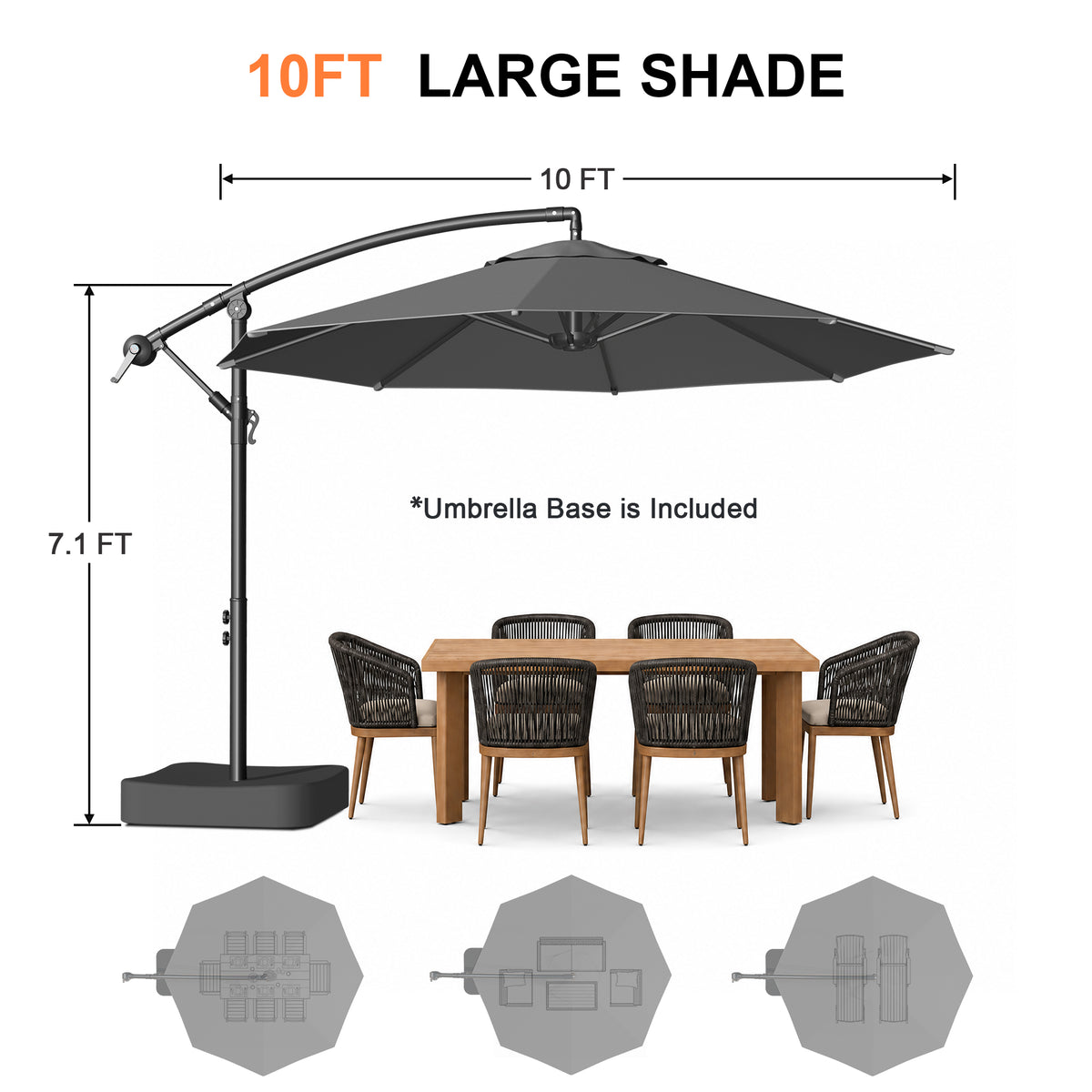 Patioslife Heavy Duty 10FT Cantilever Umbrella with Base – Premium Outdoor Shade for Patio, Backyard & Deck Living