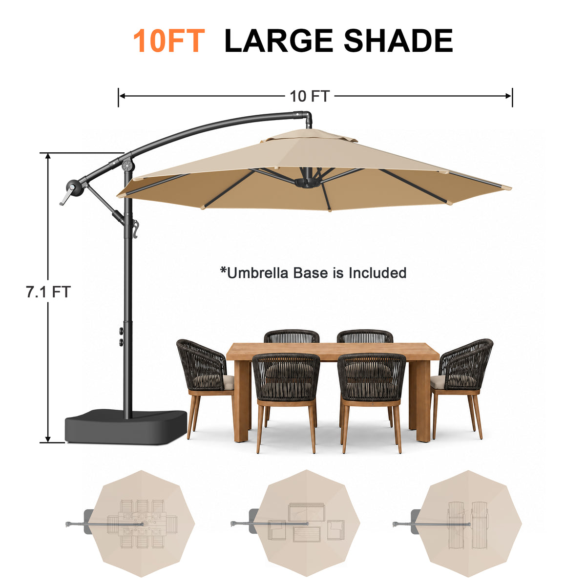 Patioslife Heavy Duty 10FT Cantilever Umbrella with Base – Premium Outdoor Shade for Patio, Backyard & Deck Living