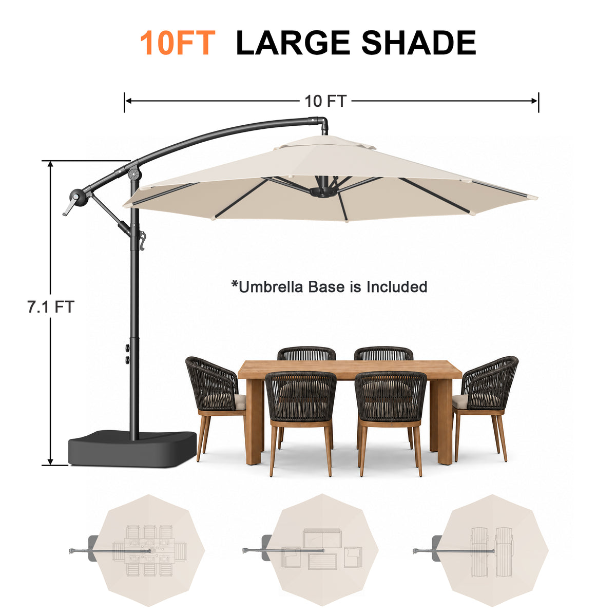 Patioslife Heavy Duty 10FT Cantilever Umbrella with Base – Premium Outdoor Shade for Patio, Backyard & Deck Living