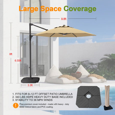 Cantilever Patio Umbrella,patioslife,Poolside,Outdoor Leisure Area,Outdoor Kitchen or Dining Area,Garden Pathway,Rooftop Terrace,Sun Shading & Light Contro,Space Definition,LED,large space coverage