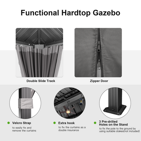  12' x 16' ，Outdoor Pergola Gazebo, patioslife，Durable Aluminium Hardtop with Double Roof Ventilation & Side Drapes,Functional hardtop gazebo ,double slide track, zipper door, velcro strap, extra hook, and pre-drilled holes on the stand.