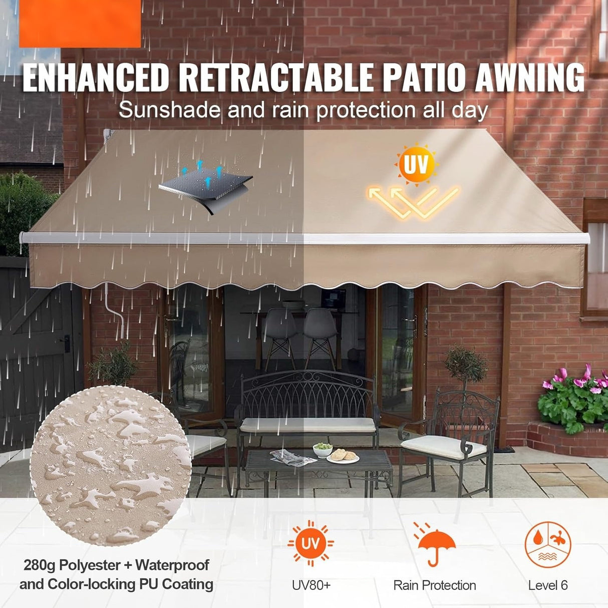 Patioslife Manual Retractable Awning – Outdoor Water-Resistant Polyester Sun Shade with Crank Handle for Patio, Balcony & Backyard