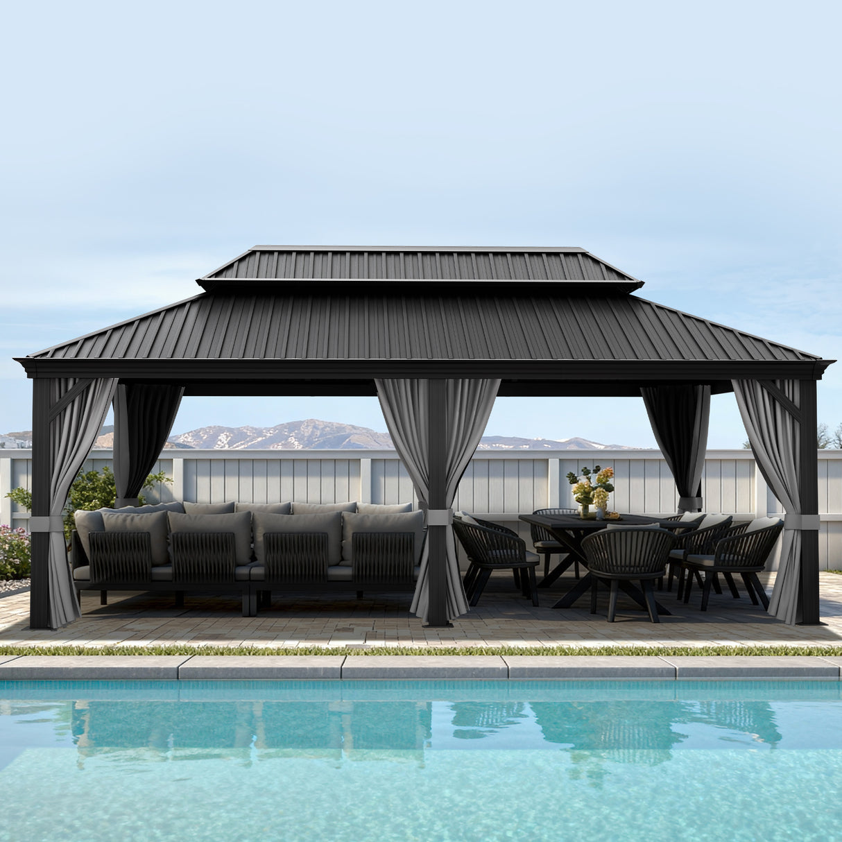 Patioslife Haven Hardtop Gazebo – 4.7" x 4.7" Aluminum Posts, Galvanized Steel Roof with Built-in Drainage Gutters, Double Vented Roof, Curtains & Netting for Backyard or Garden