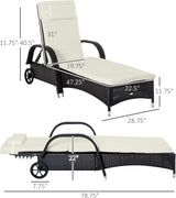 Patioslife Wicker Chaise Lounge Chair – Outdoor PE Rattan Sun Lounger with Cushion, Adjustable 5-Level Backrest, Headrest & Wheels, Deep Coffee & Cream White