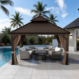 Patioslife Haven Hardtop Gazebo – 4.7" x 4.7" Aluminum Posts, Galvanized Steel Roof with Built-in Drainage Gutters, Double Vented Roof, Curtains & Netting for Backyard or Garden