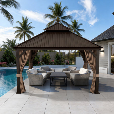 Patioslife Haven Hardtop Gazebo – 4.7" x 4.7" Aluminum Posts, Galvanized Steel Roof with Built-in Drainage Gutters, Double Vented Roof, Curtains & Netting for Backyard or Garden
