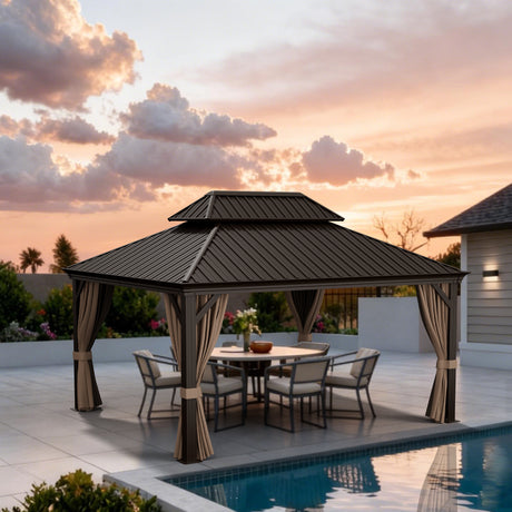 Patioslife Haven Hardtop Gazebo – 4.7" x 4.7" Aluminum Posts, Galvanized Steel Roof with Built-in Drainage Gutters, Double Vented Roof, Curtains & Netting for Backyard or Garden