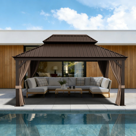 Patioslife Haven Hardtop Gazebo – 4.7" x 4.7" Aluminum Posts, Galvanized Steel Roof with Built-in Drainage Gutters, Double Vented Roof, Curtains & Netting for Backyard or Garden