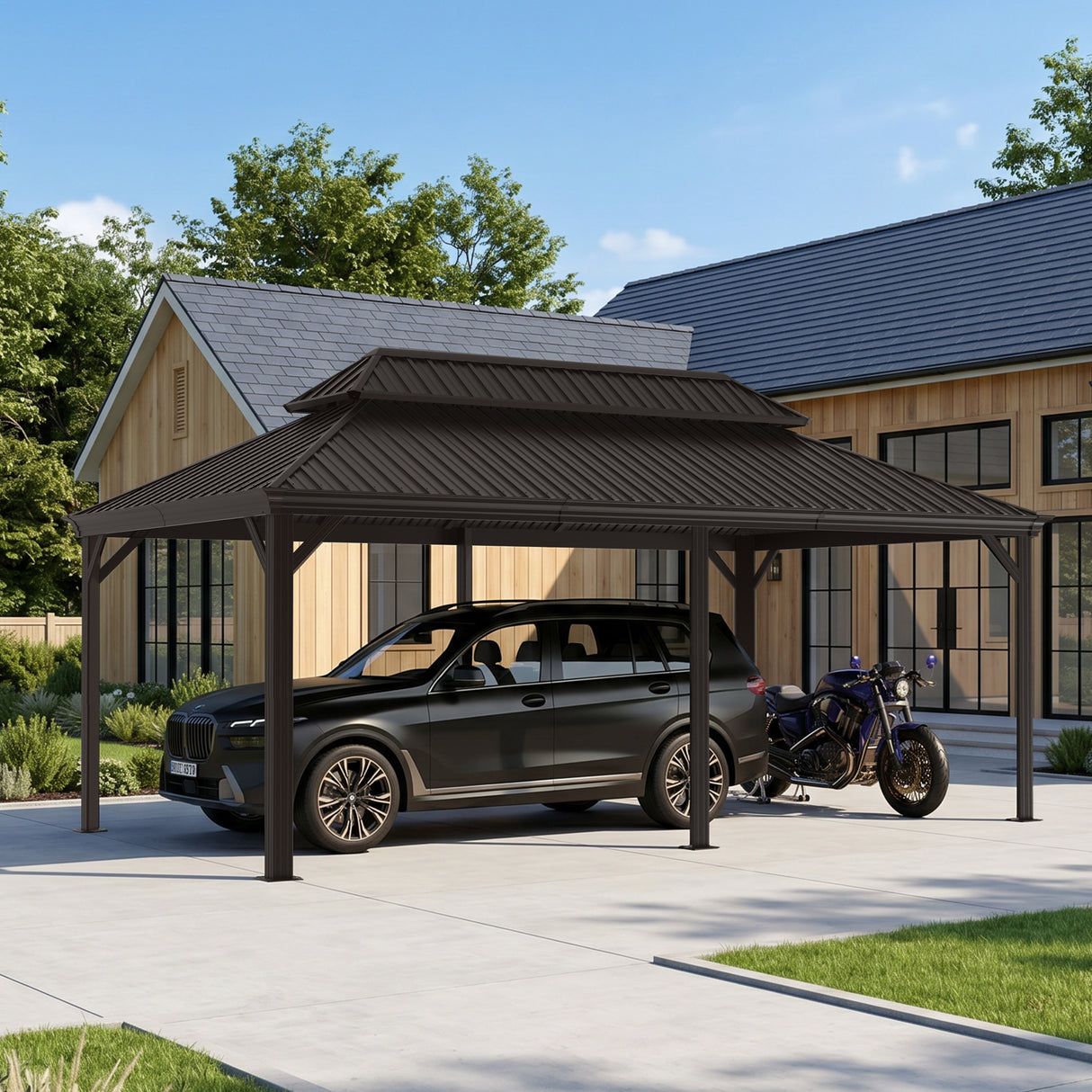 Patioslife All-Weather Aluminum Carport – Steel Roof Canopy for Cars, Motorcycles, RVs & Boats