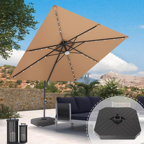 Beige patio umbrella with solar lights ,patioslife,Poolside,Outdoor Leisure Area,Outdoor Kitchen or Dining Area,Garden Pathway,Rooftop Terrace,Sun Shading & Light Contro,Space Definition,LED