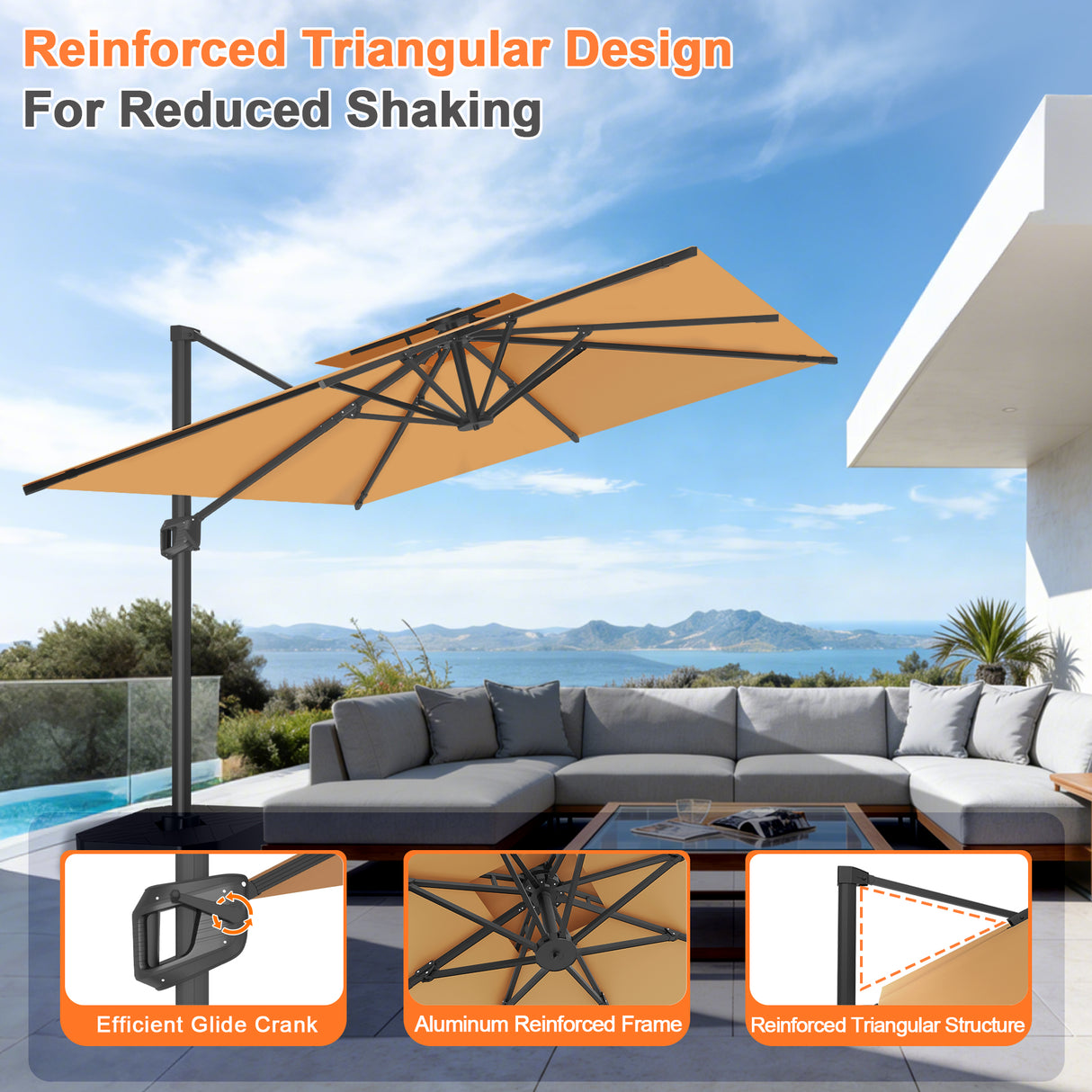 Patioslife Aegis Premium Cantilever Umbrella with Full-Rib LED Strip Lighting, Fibreglass Ribs and Powder-Coated Aluminium Pole for Luxury Garden & Patio Shade