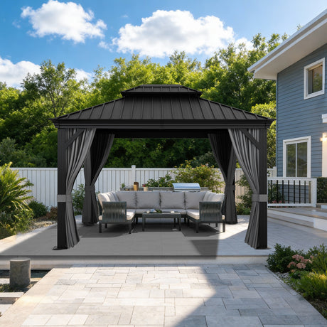 Patioslife Haven Hardtop Gazebo – 4.7" x 4.7" Aluminum Posts, Galvanized Steel Roof with Built-in Drainage Gutters, Double Vented Roof, Curtains & Netting for Backyard or Garden