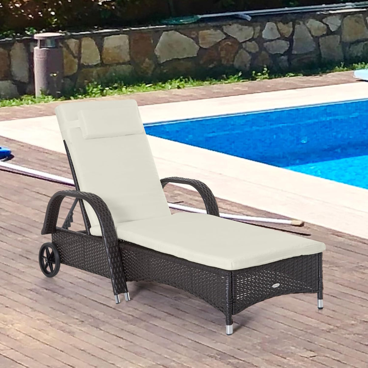 Patioslife Wicker Chaise Lounge Chair – Outdoor PE Rattan Sun Lounger with Cushion, Adjustable 5-Level Backrest, Headrest & Wheels, Deep Coffee & Cream White