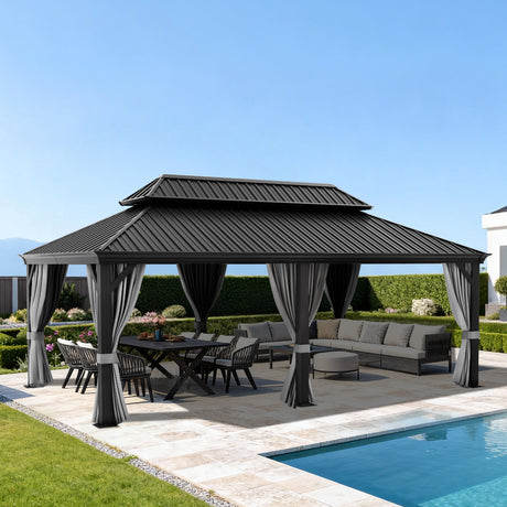 Patioslife Haven Hardtop Gazebo – 4.7" x 4.7" Aluminum Posts, Galvanized Steel Roof with Built-in Drainage Gutters, Double Vented Roof, Curtains & Netting for Backyard or Garden
