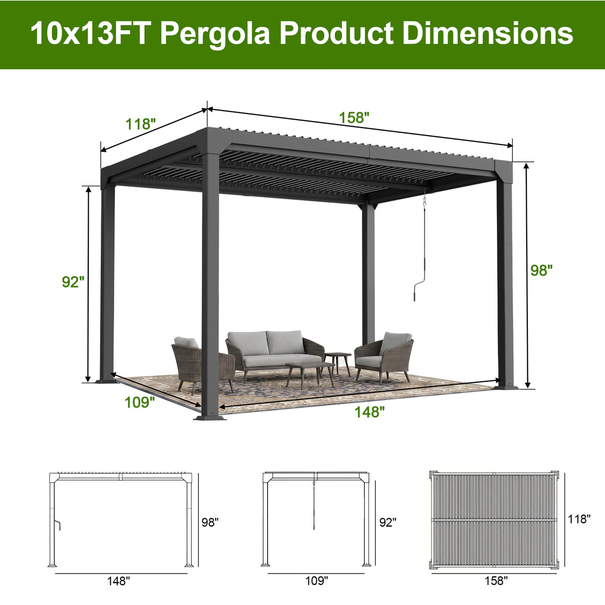 Patioslife Atlantic 10x13ft Premium Louvered Pergola with Adjustable Roof Panels, Integrated Gutter System & Freestanding All-Weather Outdoor Shelter for Patio, Deck & Poolside