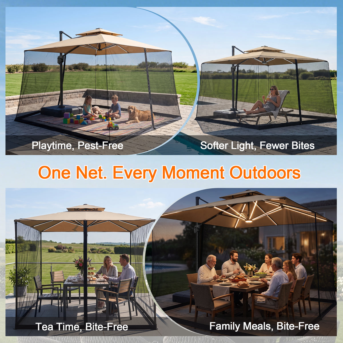 Patioslife Cantilever Umbrella Mosquito Net – Zip-Entry Mesh Screen with Weighted Base, Fits 8–13ft Umbrellas