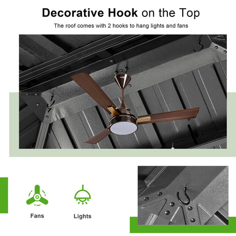  12' x 16' ，Outdoor Pergola Gazebo, patioslife，Durable Aluminium Hardtop with Double Roof Ventilation & Side Drapes,decorative hook on the top 