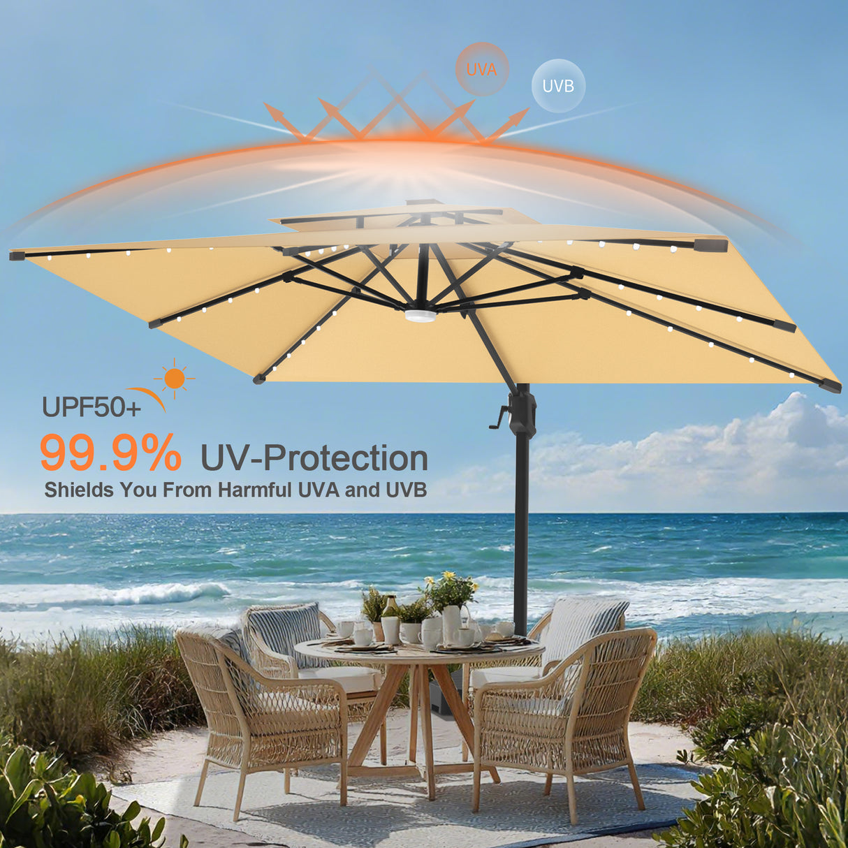 Patioslife Aegis Pro Cantilever Umbrella with LED Lights, Reinforced & Powder-Coated Aluminium Ribs and Pole — Perfect for Garden & Patio