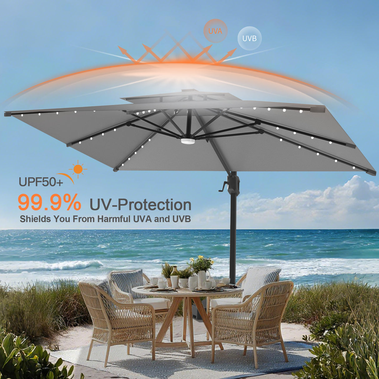 Patioslife Aegis Pro Cantilever Umbrella with LED Lights, Reinforced & Powder-Coated Aluminium Ribs and Pole — Perfect for Garden & Patio