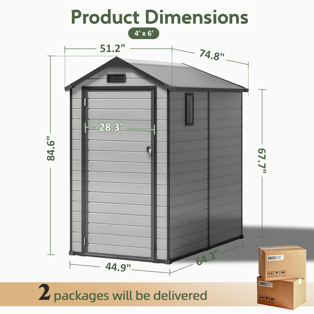Patioslife YardVault 4x6ft resin garden storage shed dimension guide with lockable door, side window and two-package delivery
