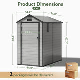Patioslife YardVault 4x6ft resin garden storage shed dimension guide with lockable door, side window and two-package delivery
