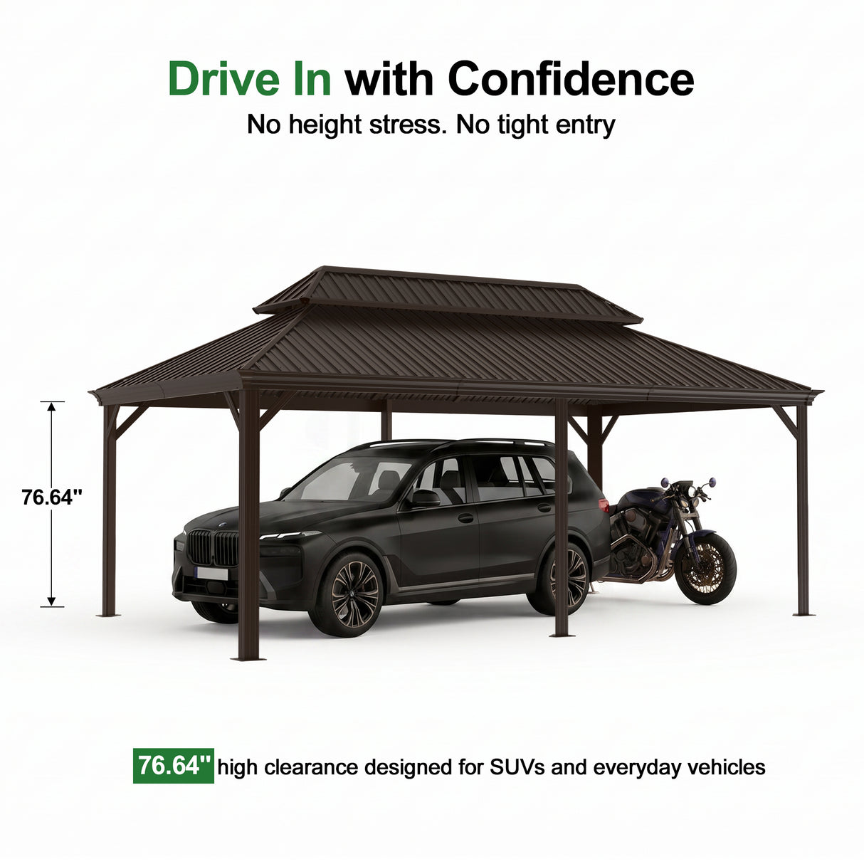 Patioslife All-Weather Aluminum Carport – Steel Roof Canopy for Cars, Motorcycles, RVs & Boats