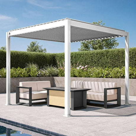 Aluminium Louvered Pergola,patioslife,Poolside,Outdoor Leisure Area,Outdoor Kitchen or Dining Area,Garden Pathway,Rooftop Terrace,Sun Shading & Light Contro,Space Definition,white