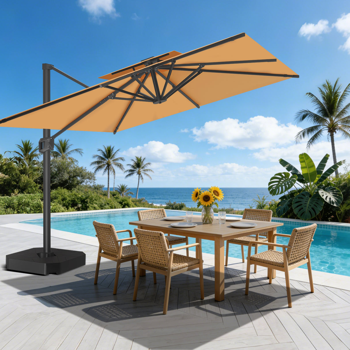Patioslife Aegis Premium Cantilever Umbrella with Full-Rib LED Strip Lighting, Fibreglass Ribs and Powder-Coated Aluminium Pole for Luxury Garden & Patio Shade