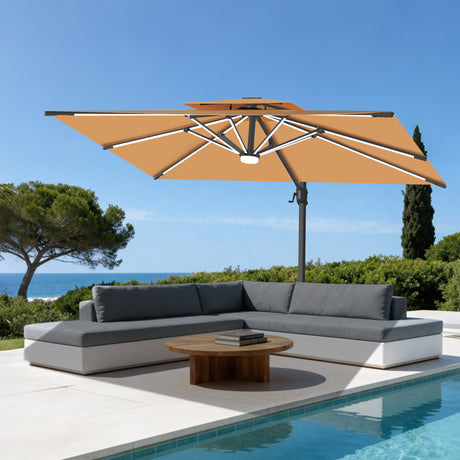 Patioslife Aegis Premium Cantilever Umbrella with Full-Rib LED Strip Lighting, Fibreglass Ribs and Powder-Coated Aluminium Pole for Luxury Garden & Patio Shade