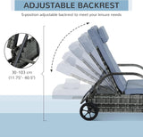 Patioslife Wicker Chaise Lounge Chair – Outdoor PE Rattan Sun Lounger with Cushion, Adjustable 5-Level Backrest, Headrest & Wheels, Deep Coffee & Cream White