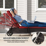 Patioslife Wicker Chaise Lounge Chair – Outdoor PE Rattan Sun Lounger with Cushion, Adjustable 5-Level Backrest, Headrest & Wheels, Deep Coffee & Cream White
