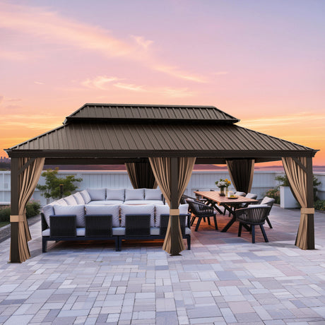 Patioslife Haven Hardtop Gazebo – 4.7" x 4.7" Aluminum Posts, Galvanized Steel Roof with Built-in Drainage Gutters, Double Vented Roof, Curtains & Netting for Backyard or Garden