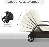 Patioslife Wicker Chaise Lounge Chair – Outdoor PE Rattan Sun Lounger with Cushion, Adjustable 5-Level Backrest, Headrest & Wheels, Deep Coffee & Cream White