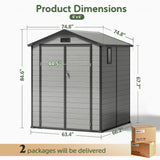 Patioslife YardVault 6x6ft resin garden storage shed dimension guide with double doors, side window and two-package delivery
