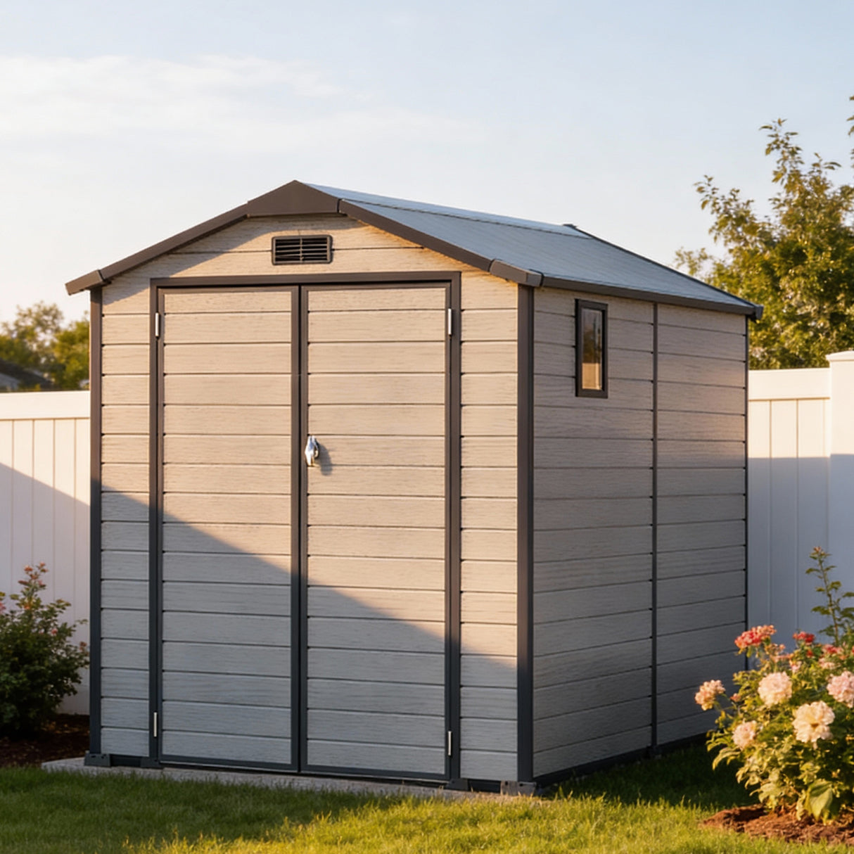 Patioslife YardVault 6x8ft resin garden storage shed with built-in floor, lockable double doors and side window beside a backyard fence