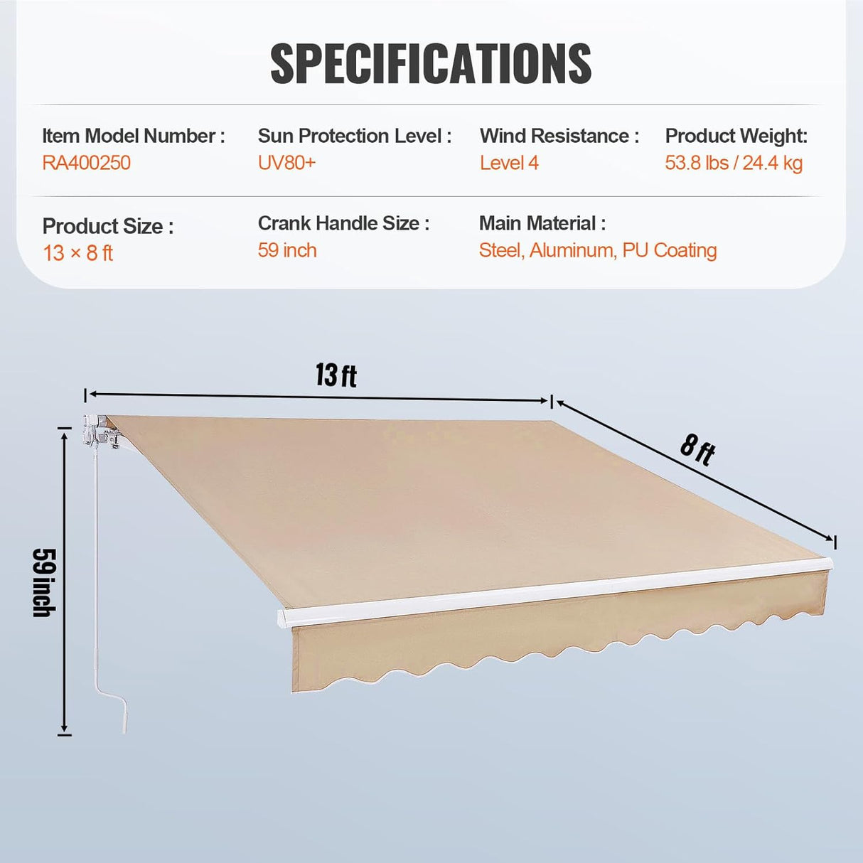 Patioslife Manual Retractable Awning – Outdoor Water-Resistant Polyester Sun Shade with Crank Handle for Patio, Balcony & Backyard